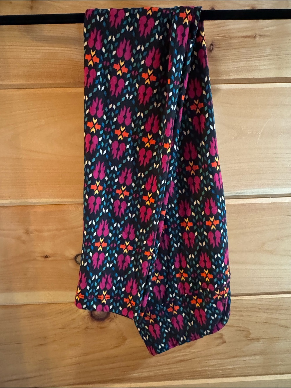 LuLaRoe Black Leggings with Magenta, Orange & Teal Pattern